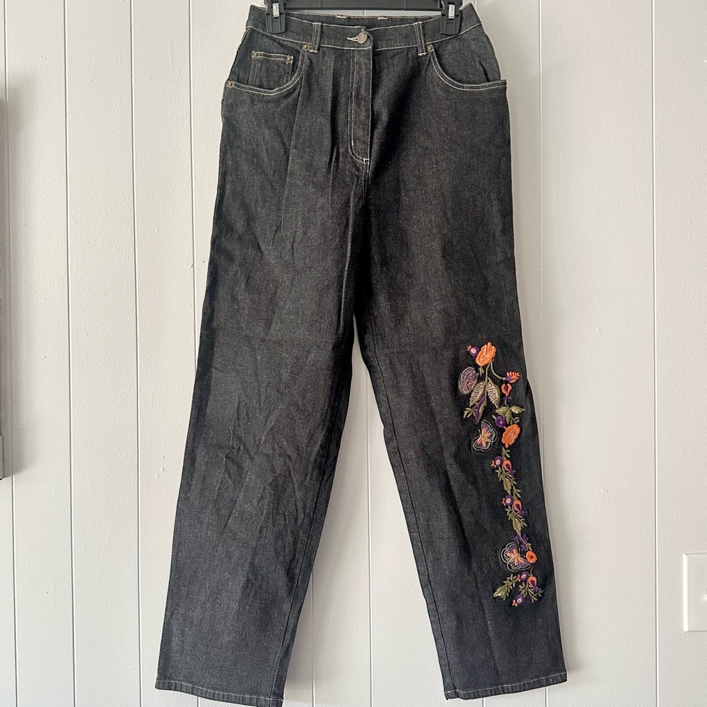 Denim&Co Black Straight Leg Jeans with Floral Embroidery
